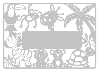 vector jungle-themed frame with cheerful animals including a toucan, monkey, giraffe, zebra, lion, koala, and turtle. template for plotter paper cutting. for kids' parties, birth announcements, scrapb
