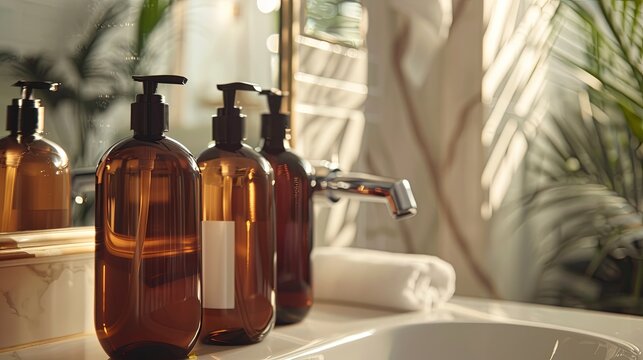 A close-up of four stylish brown bottles of shampoo and conditioner on a bathroom sink, capturing a sense of luxury and cleanliness. Generative AI