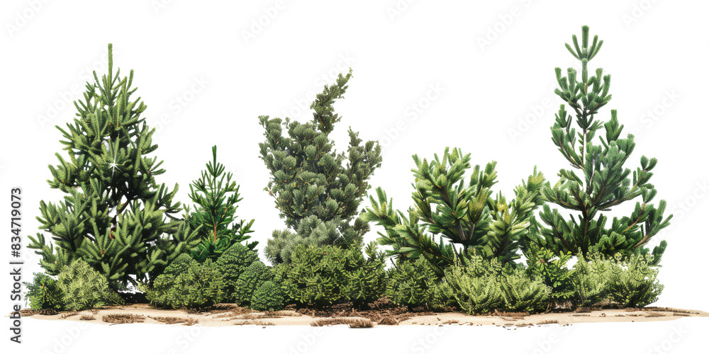 Poster a row of coniferous trees and bushes, isolated on a white background. the image features various tre