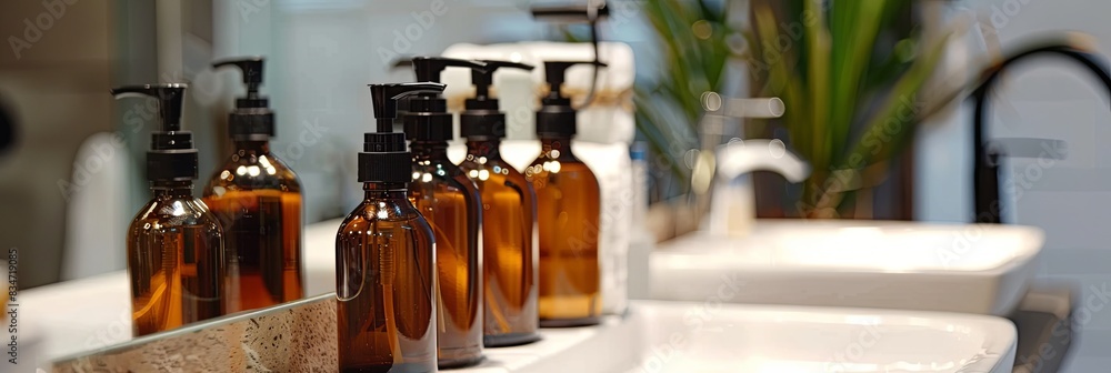 Poster close-up of stylish amber bottles of shampoo and conditioner in a modern bathroom setting. generativ