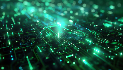 Obraz premium Glowing green and blue light circuits on a dark canvas, representing advanced energy networks for a modern presentation design.