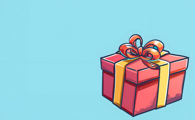 An illustration of a bright red gift box tied with a large yellow ribbon and bow, set against a light blue background. The design is simple and vibrant, conveying a festive and celebratory mood