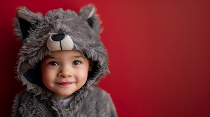 cute toddler dressed as a cute wolf on halloween, red background with copy space
