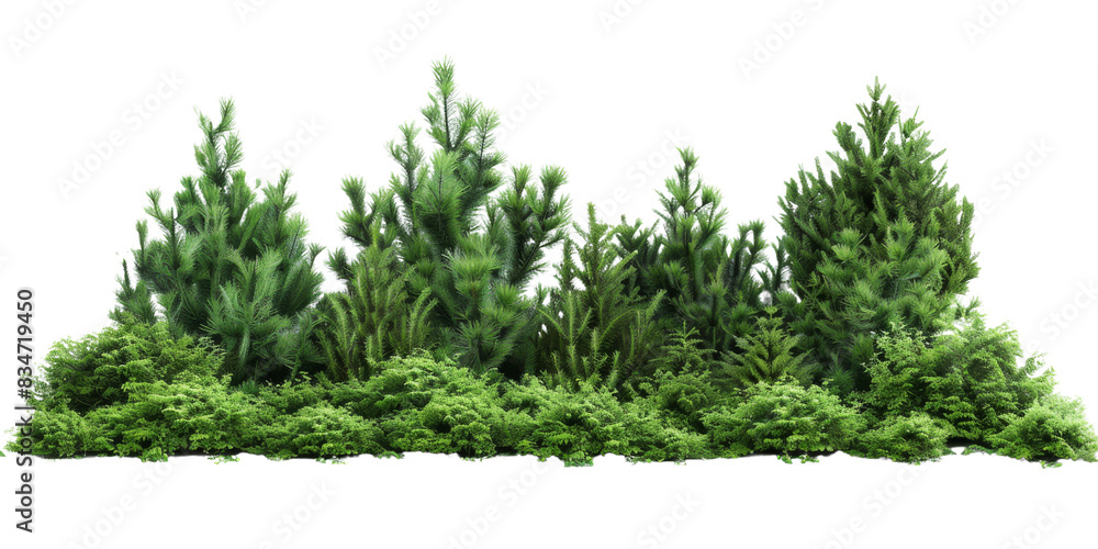 Poster a row of pine trees and bushes with vibrant green foliage, isolated on a white background. this imag