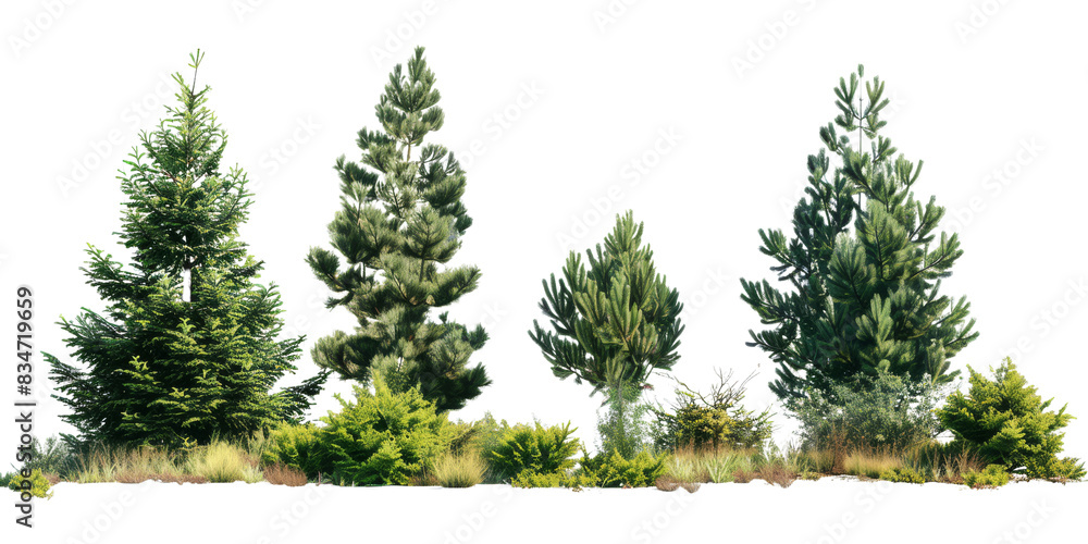 Poster a digital image featuring four evergreen trees with dense foliage, isolated on a transparent backgro