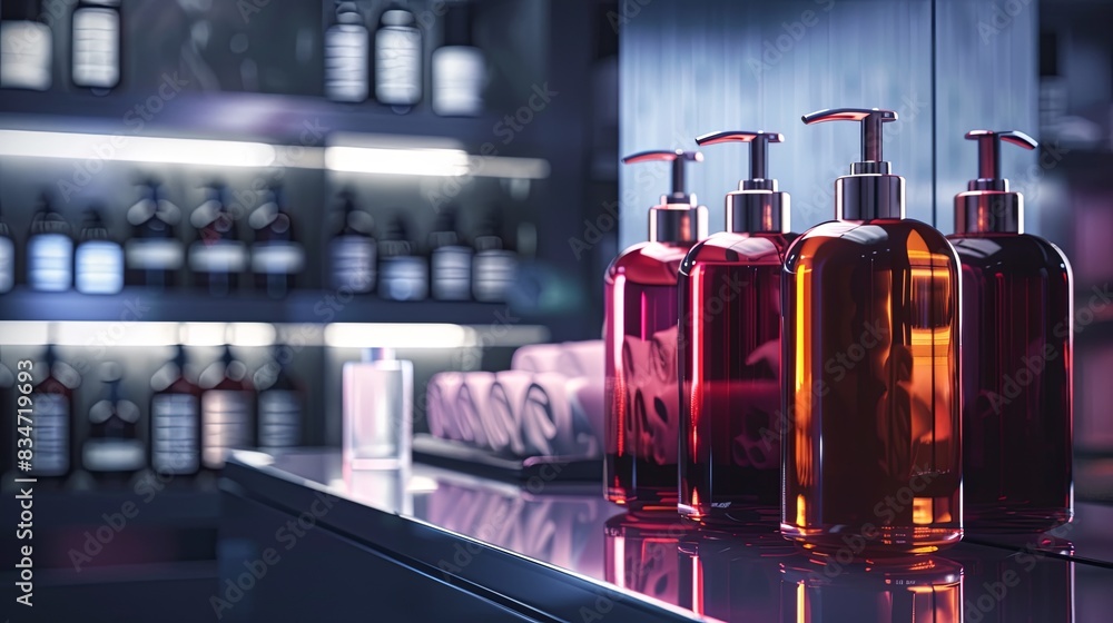 Poster closeup of stylish shampoo and conditioner bottles on a bathroom countertop. generative ai