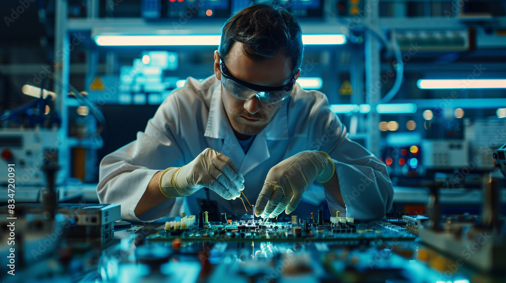 Poster a man in a lab coat is working on a computer. he is wearing gloves and goggles. the scene is dark an