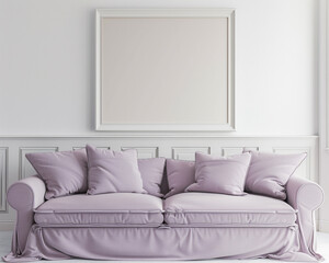 A serene living room featuring a muted lavender sofa and a pristine white frame on the wall, offering tranquility.