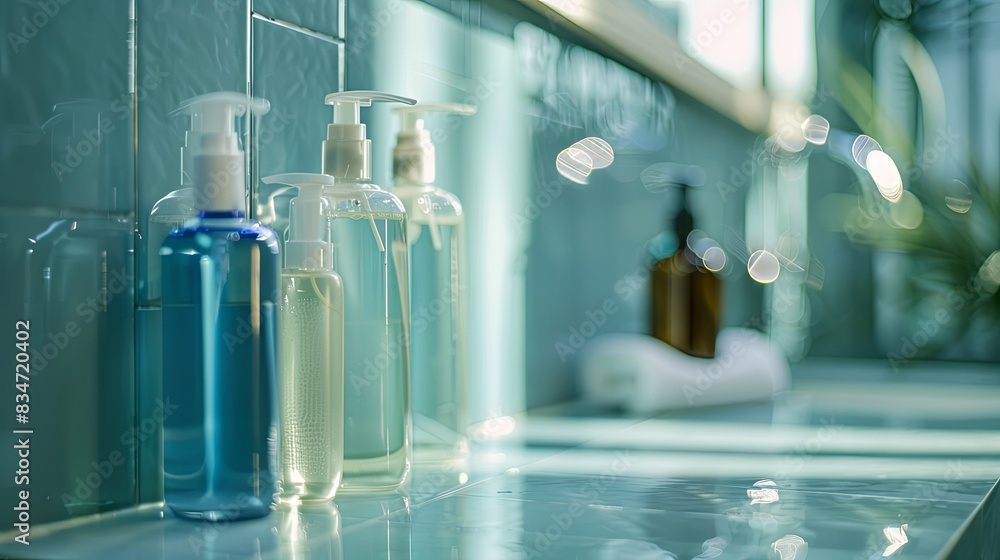 Poster three bottles of shampoo and conditioner, positioned on a bathroom counter. generative ai