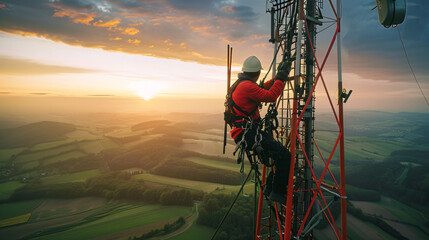 A man in a hard hat is working on a tall tower. The man is wearing an orange safety harness and is using a long pole to reach the top of the tower. The sky is cloudy