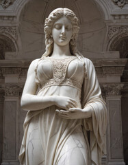 Una figura femminile romana scolpita in gesso, con dettagli intricati nel vestito.
