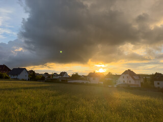 sunset in the vogtland village, saxony east germany