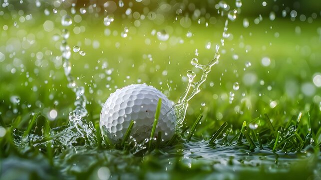 Golf ball splashes into grass