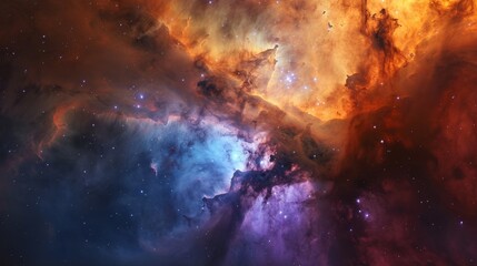 Fototapeta premium A breathtaking nebula with rich colors of orange, blue, and purple. The interplay of light and shadow among the gas clouds and scattered stars creates a mesmerizing cosmic spectacle.