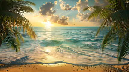 A serene tropical beach at sunrise, with golden sands and turquoise waters, framed by palm trees.