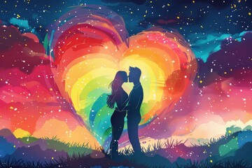 Night sky lovers' silhouette against heart-shaped aurora, evoking magical romantic vibes.