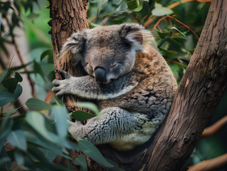 Fototapeta premium A cute koala rests peacefully in a eucalyptus tree in its natural habitat.