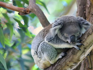 Fototapeta premium A koala peacefully napping in a tree, with a relaxed and natural vibe captured.