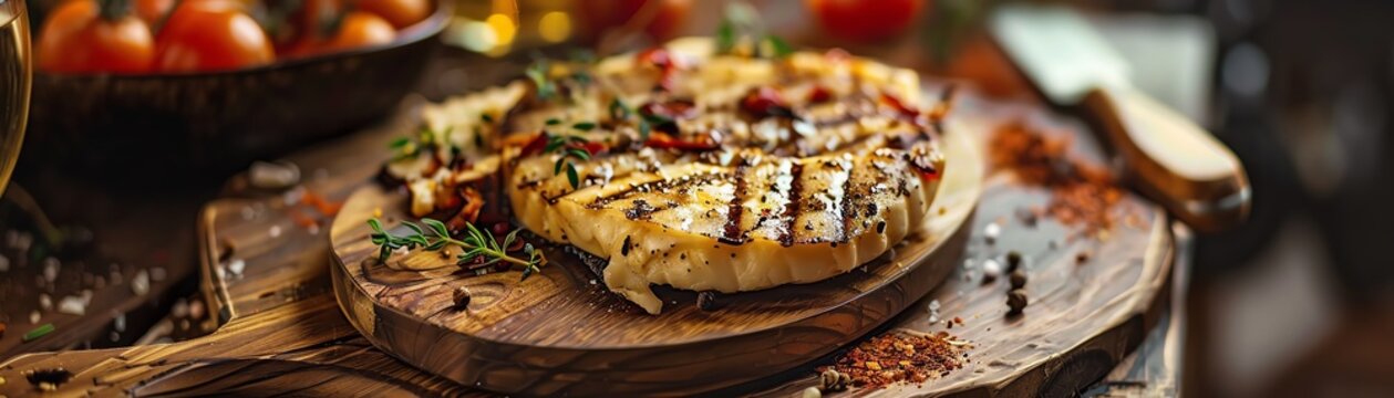Argentine provoleta, grilled provolone cheese, served on a wooden platter with a Buenos Aires street market backdrop
