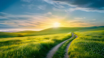 Picturesque winding path through a green grass field in hilly area in morning at dawn against blue sky with clouds. Natural panoramic spring summer landscape.