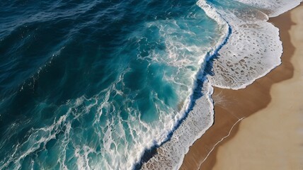 Granater Ai  Aerial view of beach with waves crashing on shore, showcasing beautiful coastline and blue ocean.