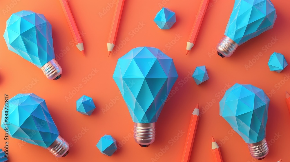 Poster 3d rendering of blue lightbulb icons with paper texture, surrounded by pencils on a bright backgroun