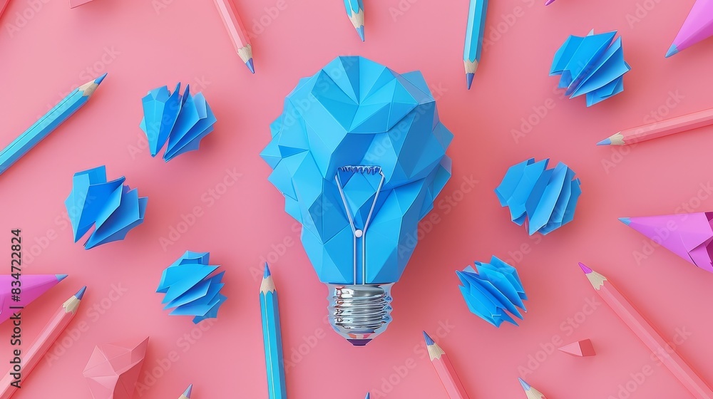 Poster 3d rendering of blue lightbulb icons with paper texture, surrounded by pencils on a bright backgroun