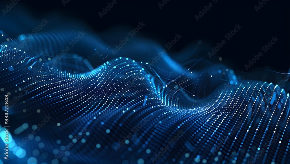 Poster abstract blue digital wave background with glowing dots and wavy lines on a dark black backdrop, in 