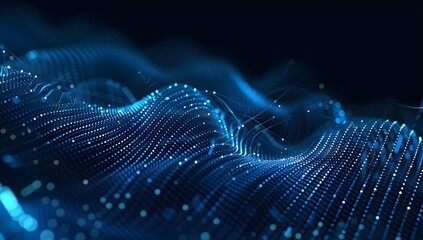 Abstract blue digital wave background with glowing dots and wavy lines on a dark black backdrop, in the style of a vector illustration, in the style of an AI generative text
