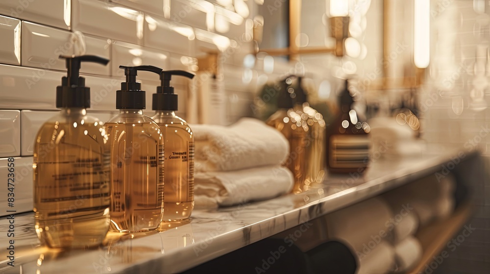Poster three elegant bottles of shampoo and conditioner on a marble counter in a modern bathroom or salon. 