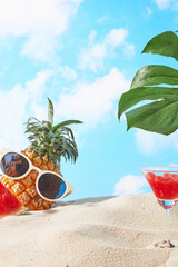 Yellow sand beach side against the background of blue sky and white clouds, a pineapple, watermelon and green monstera decorated both sides, leaving a blank space in center for displaying product