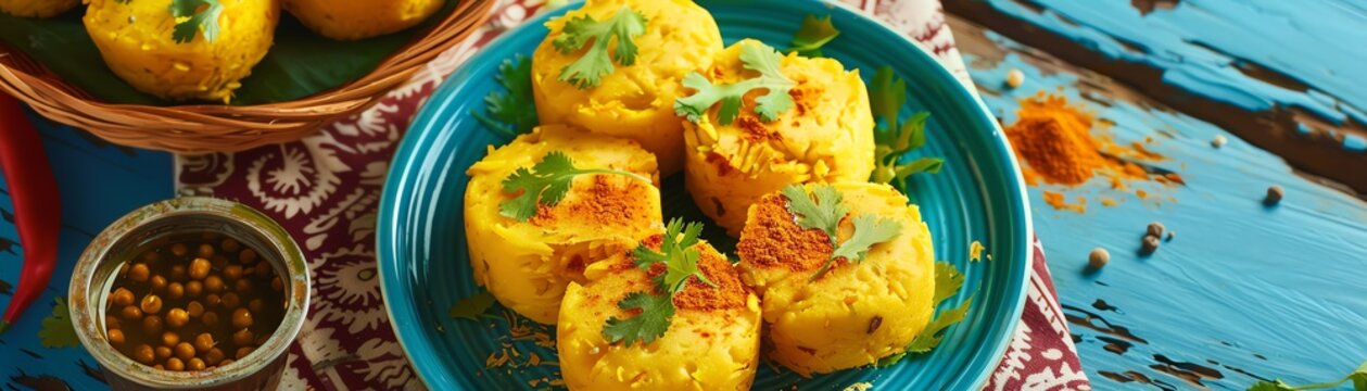Dhokla, steamed savory cakes made from fermented rice and chickpea batter, served on a colorful plate with a bustling Gujarati market scene