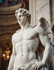Un uomo romano scolpito in gesso bianco, con un'armatura dettagliata e uno sguardo fiero.
