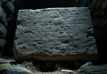 Ancient Forgotten Ruins Stone Tablet with Mysterious Inscriptions  Archaeological Discovery and Historical Artifact