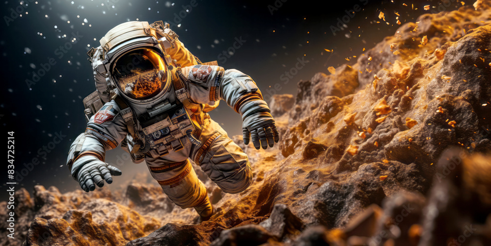 Aufkleber An astronaut floating above a rocky surface in space with debris, set against a starry background, concept of space exploration. Generative AI