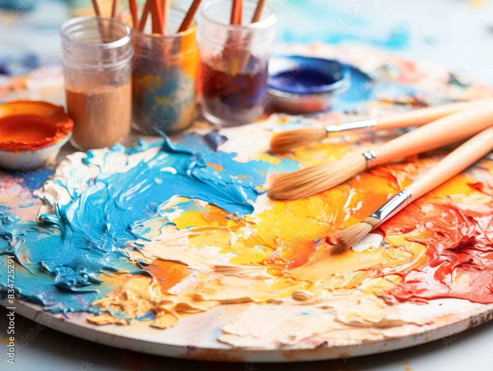 Poster a colorful palette with mixed paints and brushes, on a blurred background, depicting the concept of 