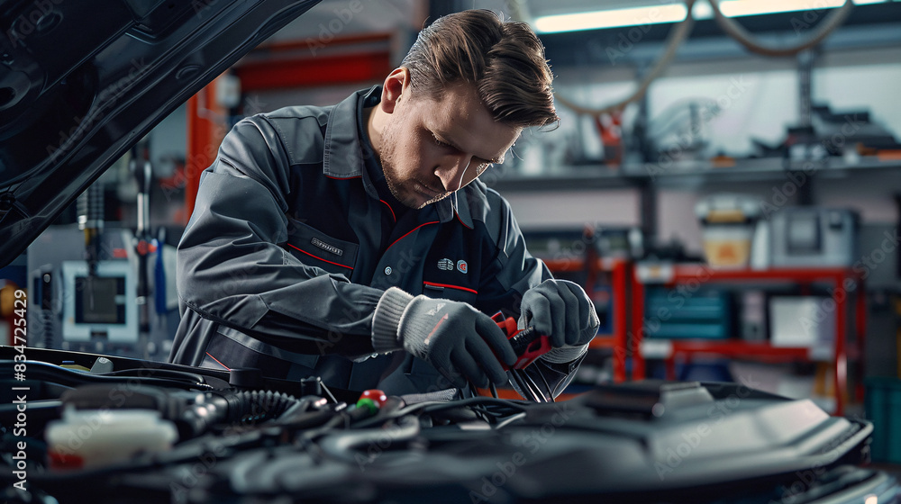 Poster a man in a blue jacket is working on a car engine. he is wearing gloves and he is focused on the tas
