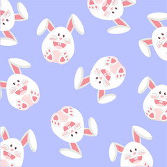 Seamless pattern with cartoon Easter bunnies, face of rabbits on turquoise background, vector illustration, animal cartoon pattern.