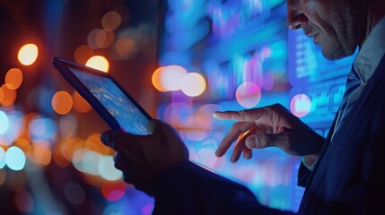 Dynamic Close-Up of Businessman Using Tablet to Analyze Large Data Sets with AI Technology in High-Stakes, Time-Sensitive Scenarios like Stock Market or Sports Game, Highlighting Speed, Accuracy, and 
