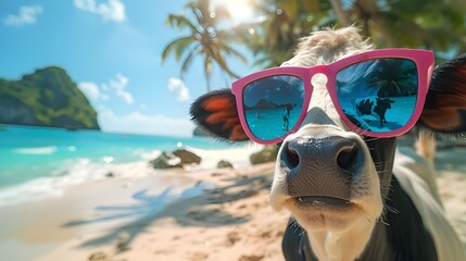 Cool cow wearing sunglasses, tropical palm tree beach background. Humorous portrait of funny cartoon character holiday maker cow, happy farm animal drawing 3d unique design digital artwork wallpaper.