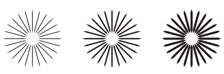 Radial circle lines. Circular radiating lines geometric element. Sun star rays symbol. Abstract geometric shapes. Design element. Vector illustration isolated on white background.