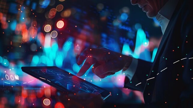 Dynamic Close-Up of Businessman Using Tablet to Analyze Large Data Sets with AI Technology in High-Stakes, Time-Sensitive Scenarios like Stock Market or Sports Game, Highlighting Speed, Accuracy, and