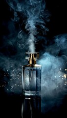 A close-up of a glass perfume bottle with a gold cap, emitting a delicate mist on a dark background. Generative AI