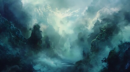 Fototapeta premium Ethereal mists shroud hidden depths, inviting the curious soul to delve into the unknown with wonder and awebackground