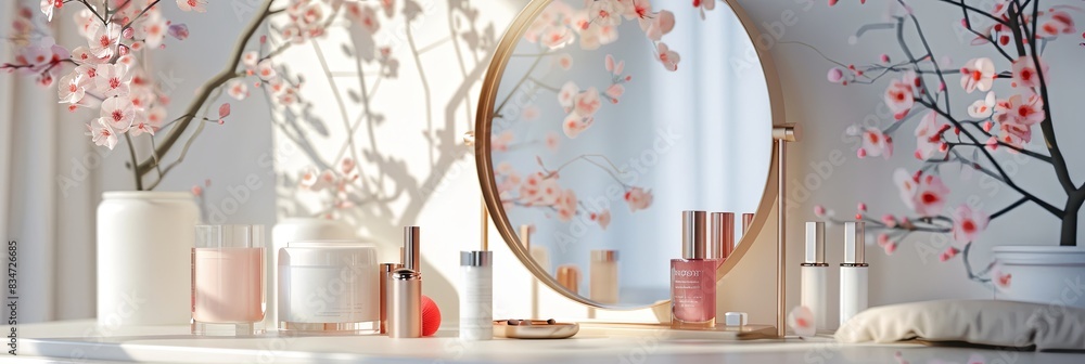 Poster a vanity table with a tabletop mirror surrounded by various cosmetic products. generative ai