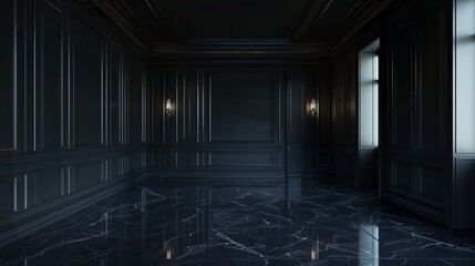 Elegant dark room at night with copy space featuring minimalist interior design and subtle lighting
