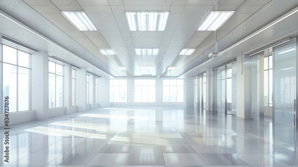 Poster spacious and modern empty office interior with open workspaces and large windows in a business confe