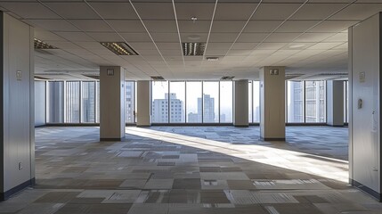 Obraz premium Modern business workspace: empty office space with sleek design and minimalist decor. 
