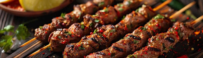 Lamb kebabs, skewered and grilled spiced lamb, served on a wooden board with a bustling Indian street food market scene