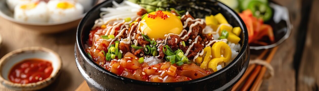 Bibimbap is a Korean rice dish with vegetables, meat, and a fried egg